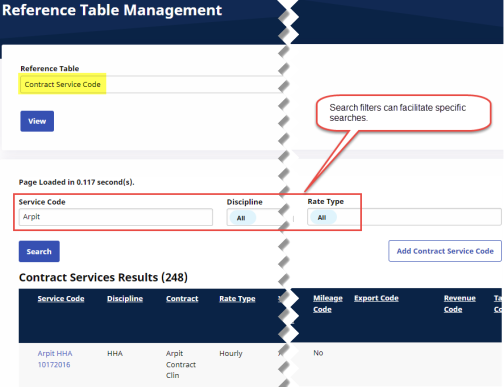 The Contract Service Code Reference Table displays search filters to specify the results in the table columns.